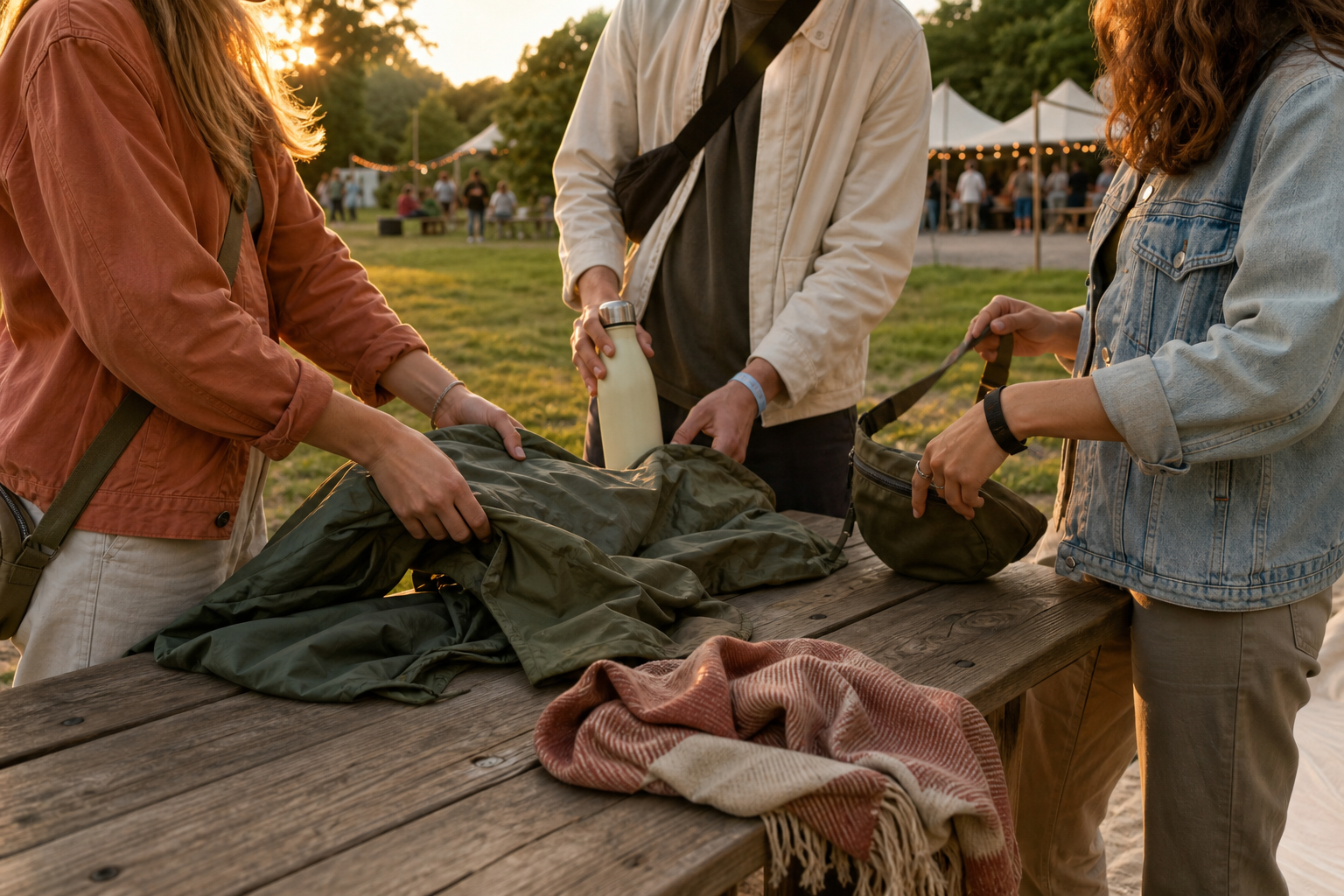 Drie vrienden leggen een regenjas, drinkfles en tas klaar op een picknicktafel bij een festival