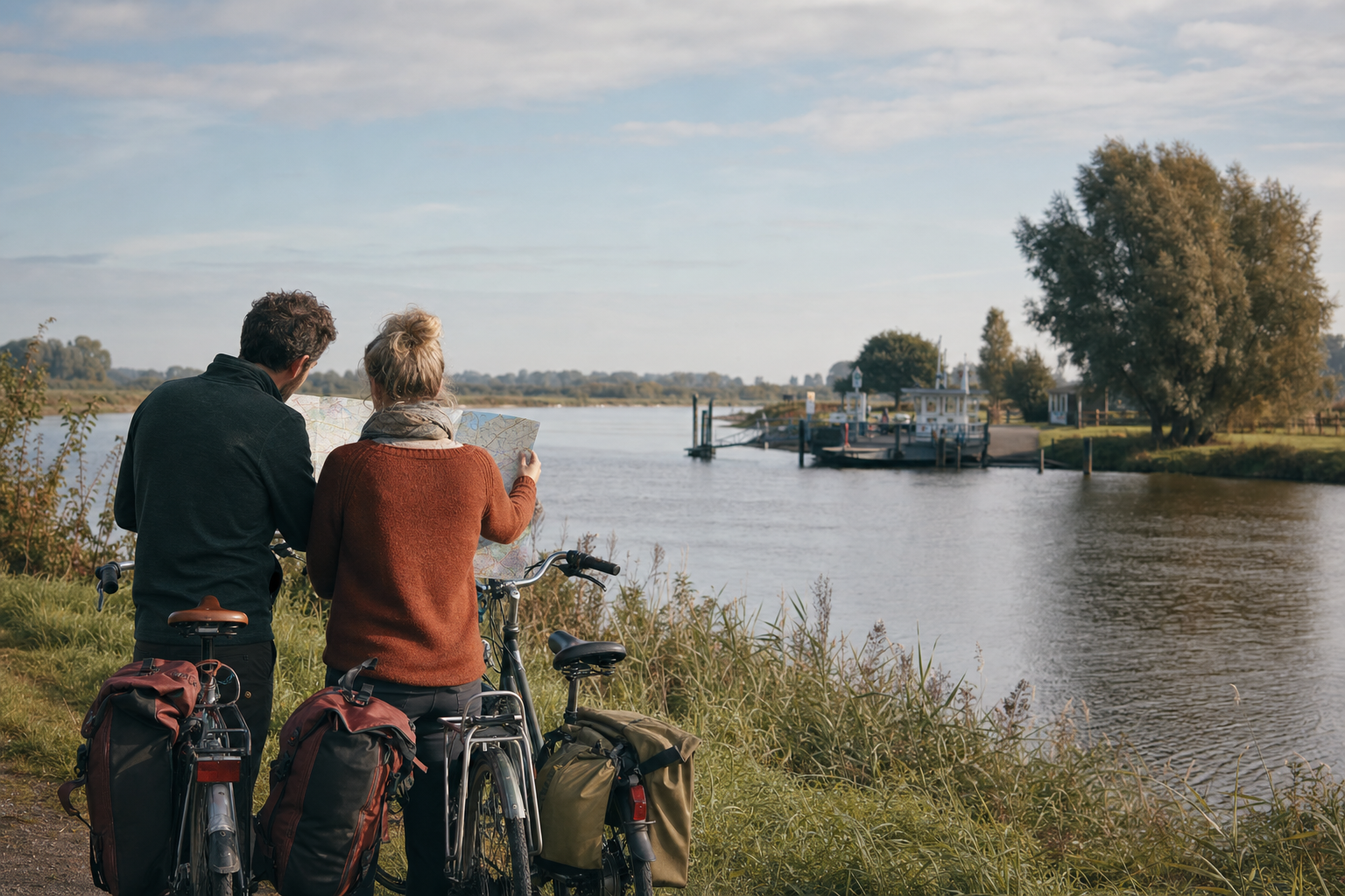 Twee fietsers bekijken een kaart aan een brede rivier bij een klein veer