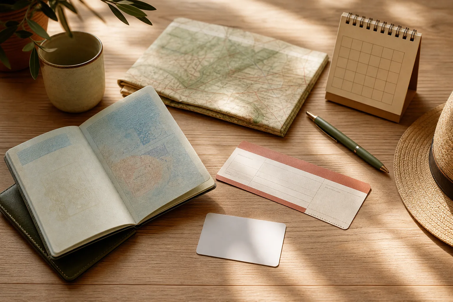 Paspoort, identiteitskaart, landkaart en kalender op een houten tafel